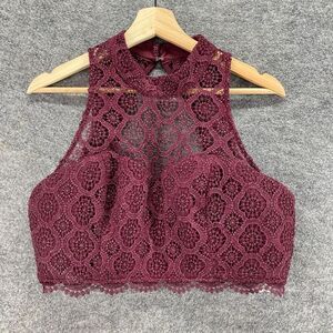 Seguin Hearts Balconette Bra Women 12 Red Geometric Lace Wireless Opaque Zipper